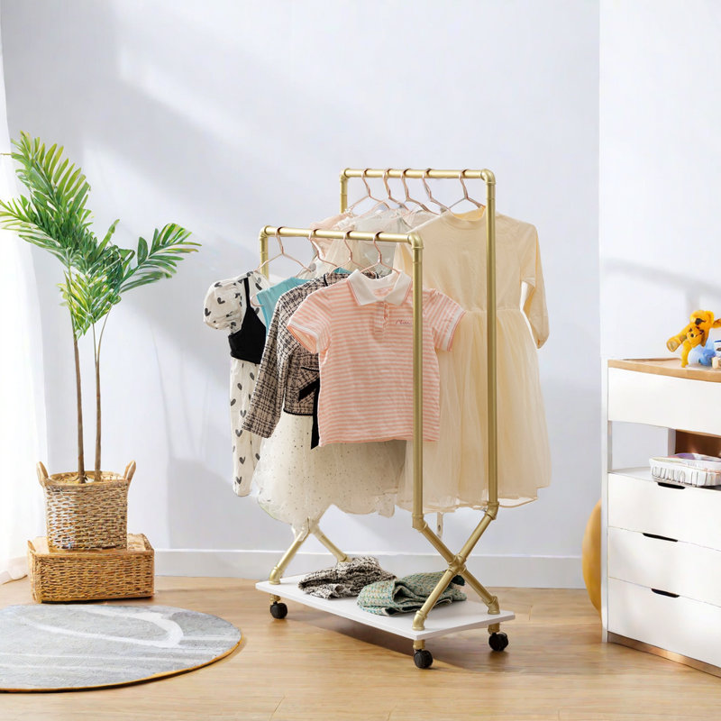 Rosdorf Park Kids Clothing Rack Rolling Gold Clothing Racks On Wheels Metal Gold Clothes Racks With Shelves Modern Coat Rack Freestanding For Organizing Clothes And Shoes Bags Hats Wayfair